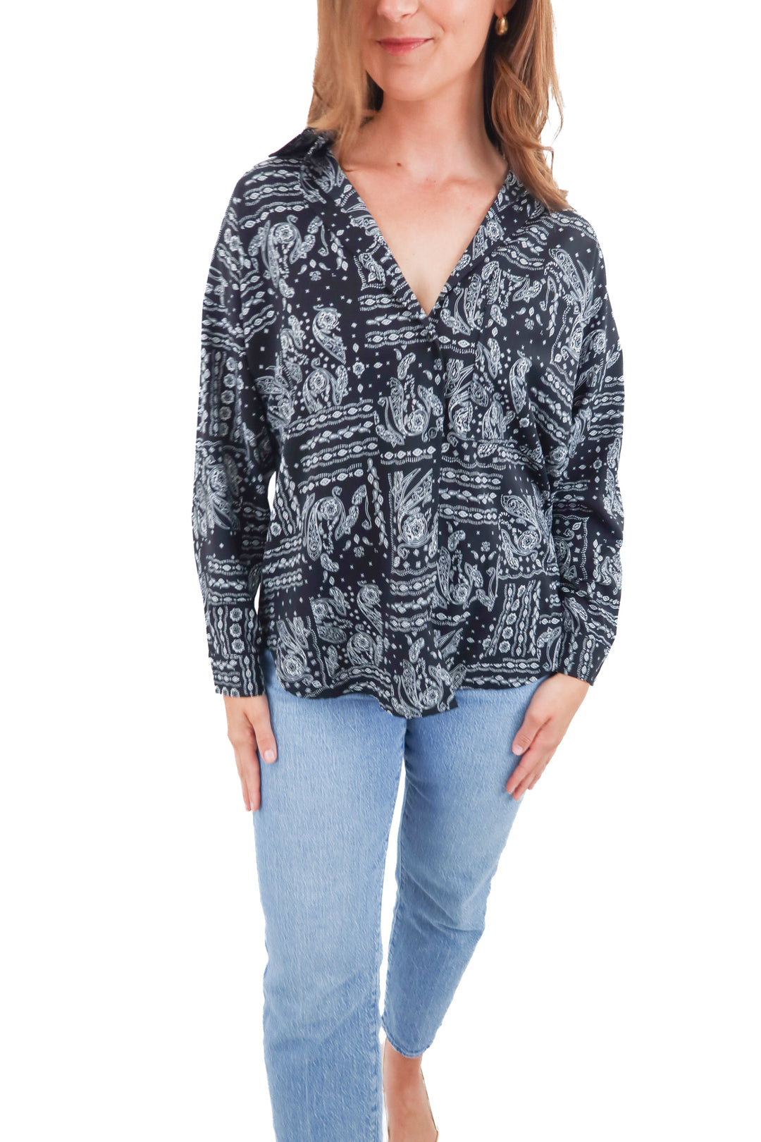 vici black and white paisley button up (s; retail $58)