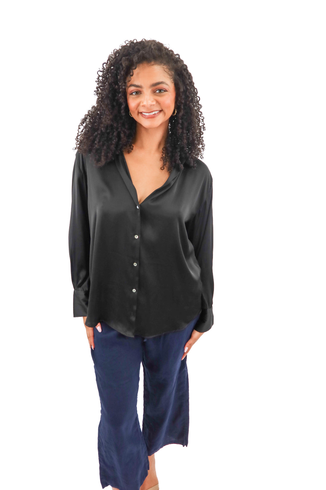 zara black satin long sleeve blouse (L)