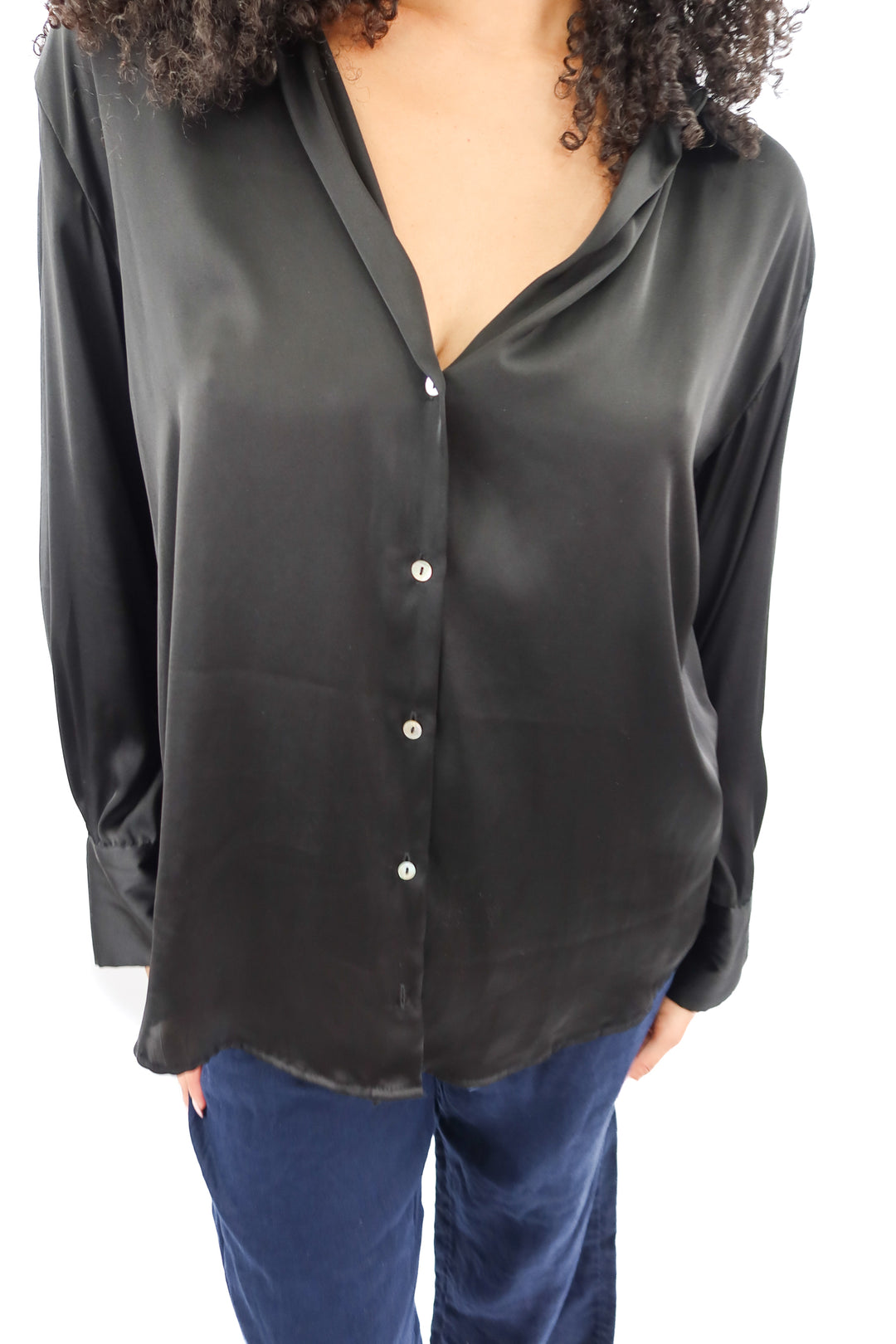 zara black satin long sleeve blouse (L)