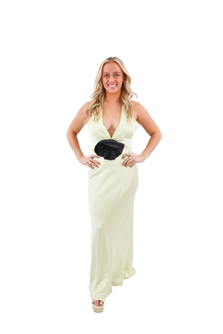 the bar yellow silk maxi dress w/ black detachable rose NWT (4; retail $498)