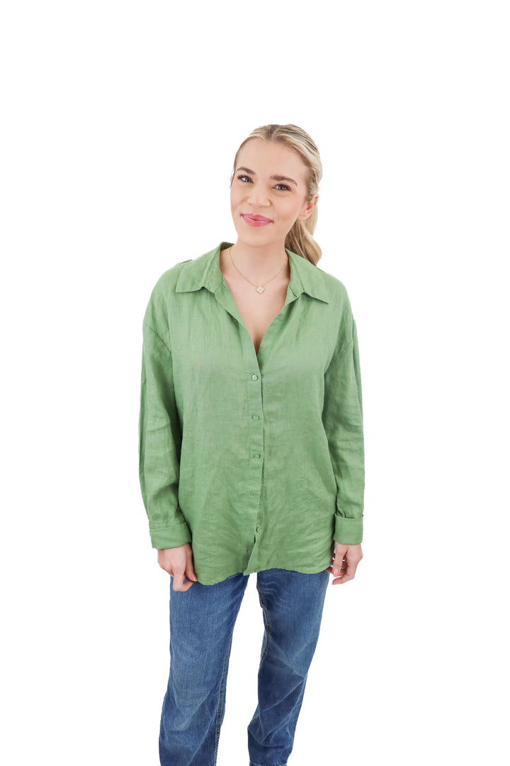 MNG green linen shirt (M; retail $69.99)