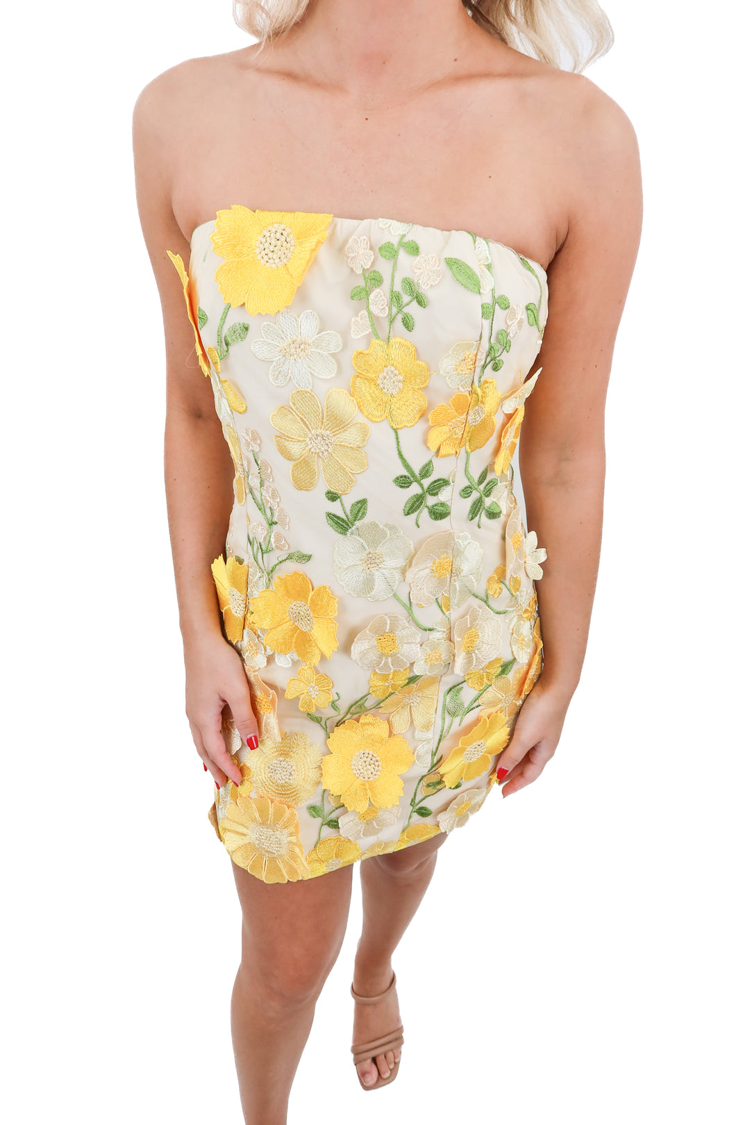 Vici yellow floral aplique mini dress (retail $88)