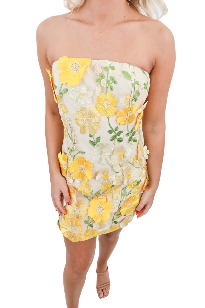 Vici yellow floral aplique mini dress (retail $88)
