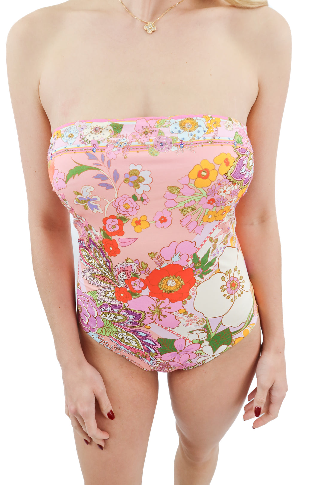 Camilla pink floral one piece swim (M; retail $389)