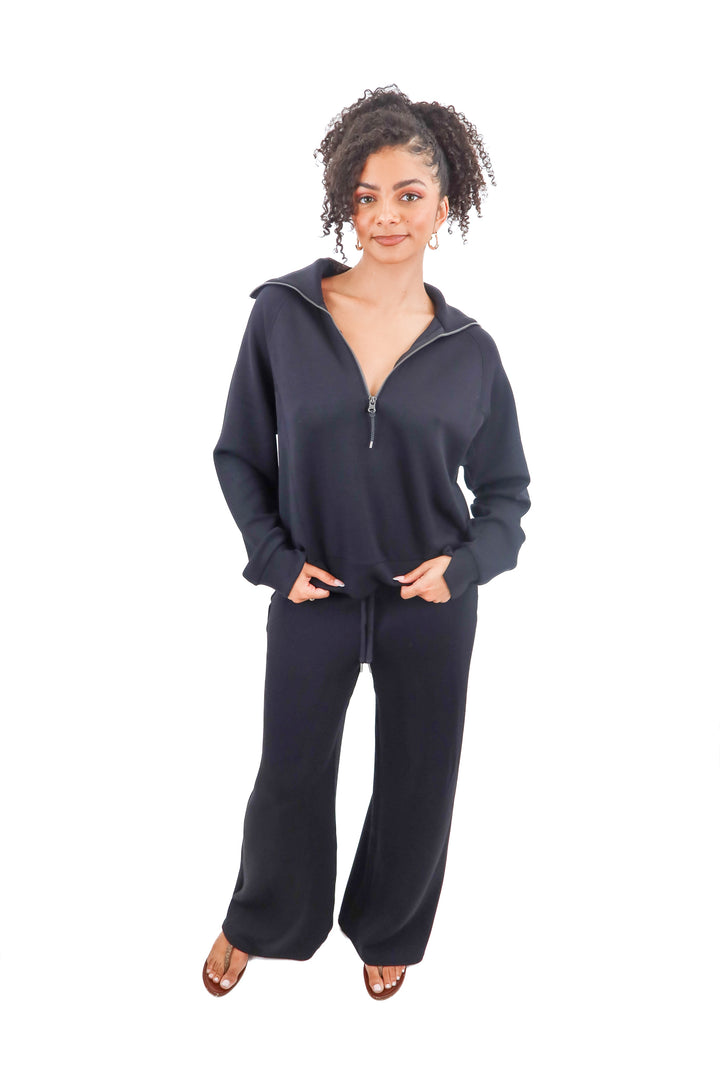 Spanx black AirEssentials quarter zip and wideleg pants 2pc set (retail $253)