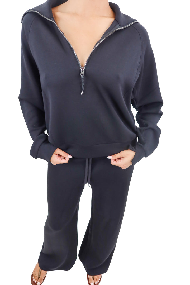 Spanx black AirEssentials quarter zip and wideleg pants 2pc set (retail $253)