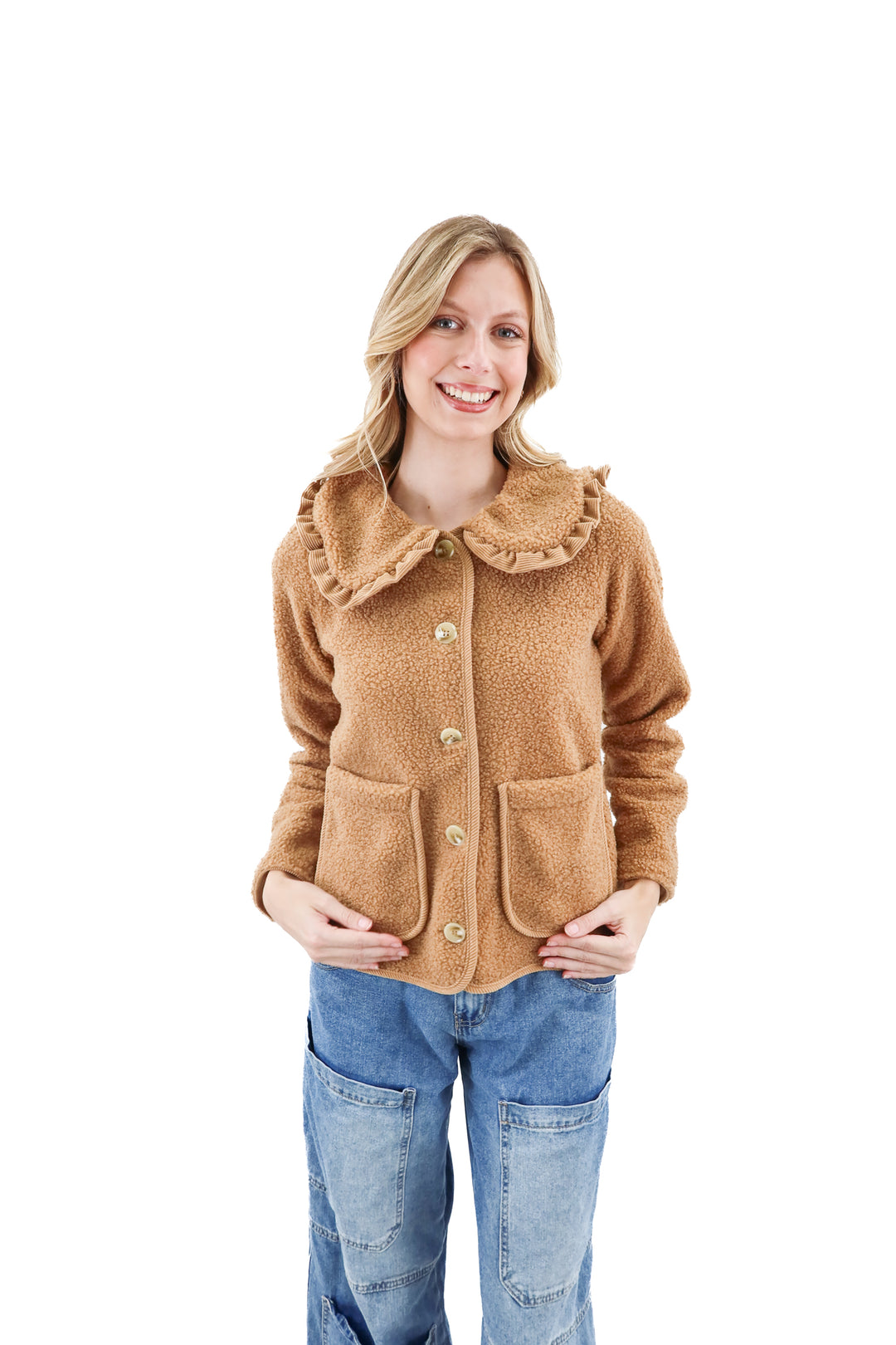 stoosh brown teddy ruffled jacket (m; retail $59)