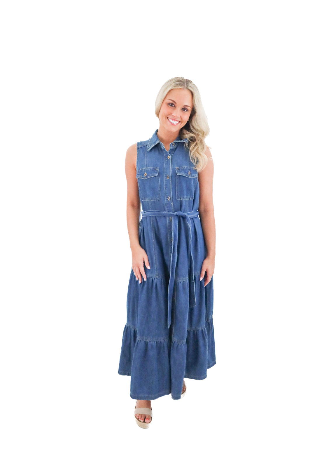 listicle denim maxi dress (m;  retail $75)
