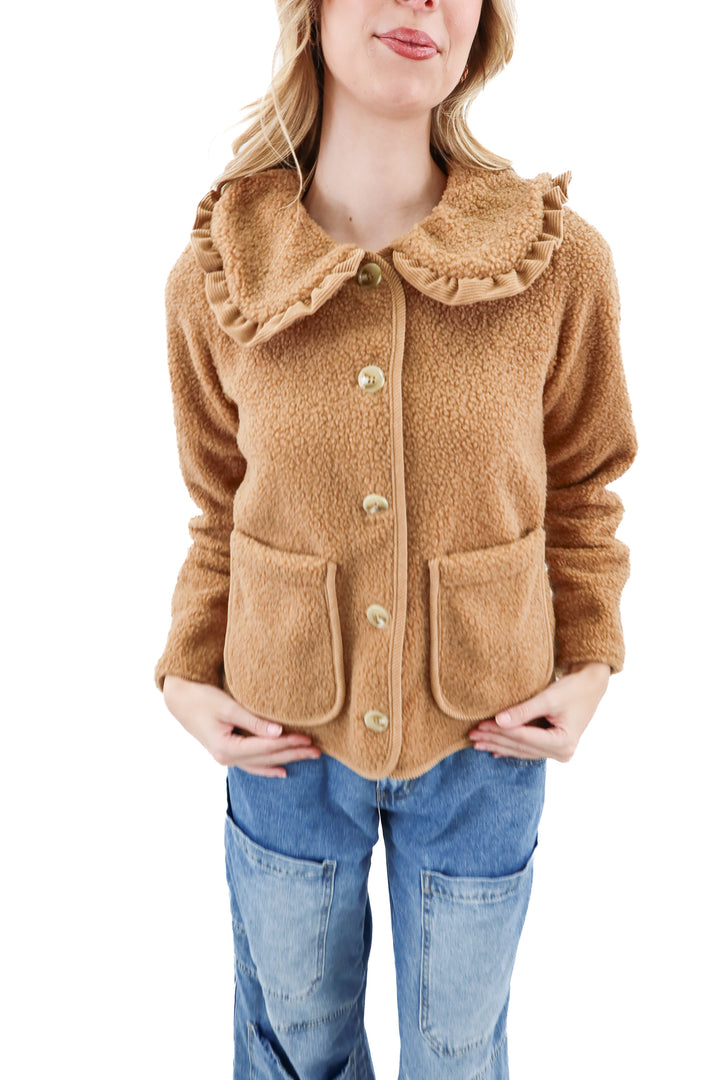 stoosh brown teddy ruffled jacket (m; retail $59)
