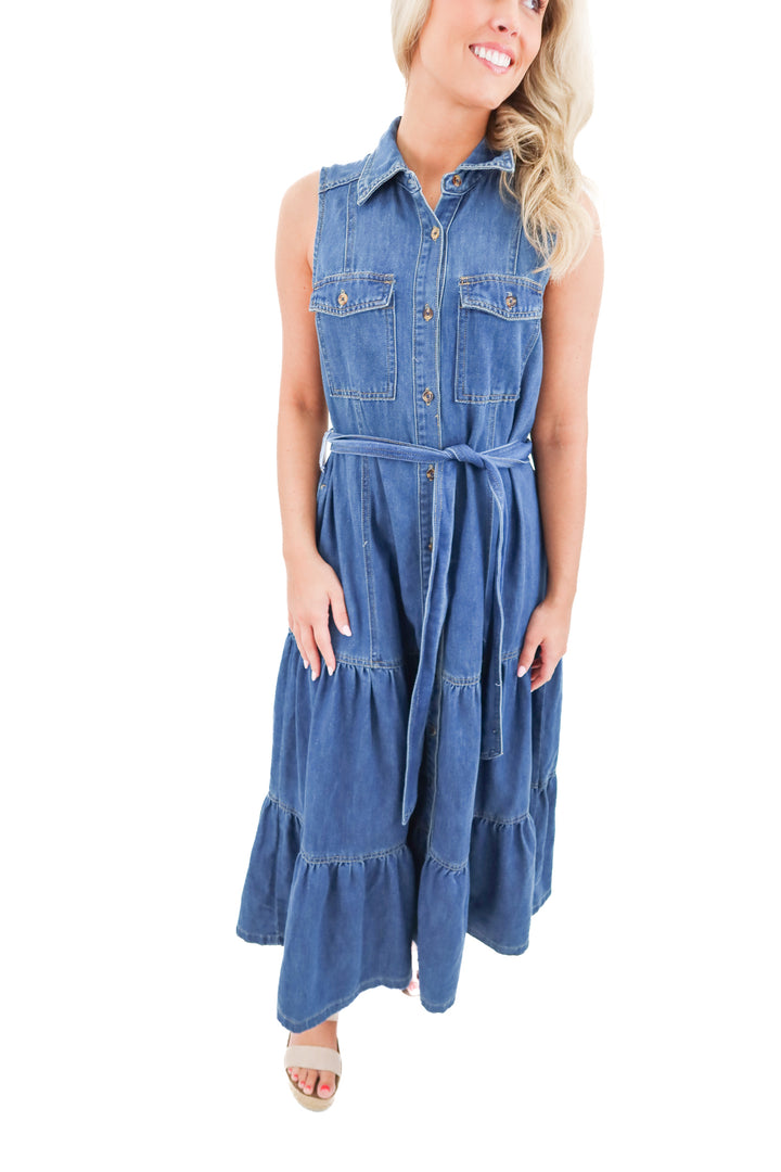 listicle denim maxi dress (m;  retail $75)