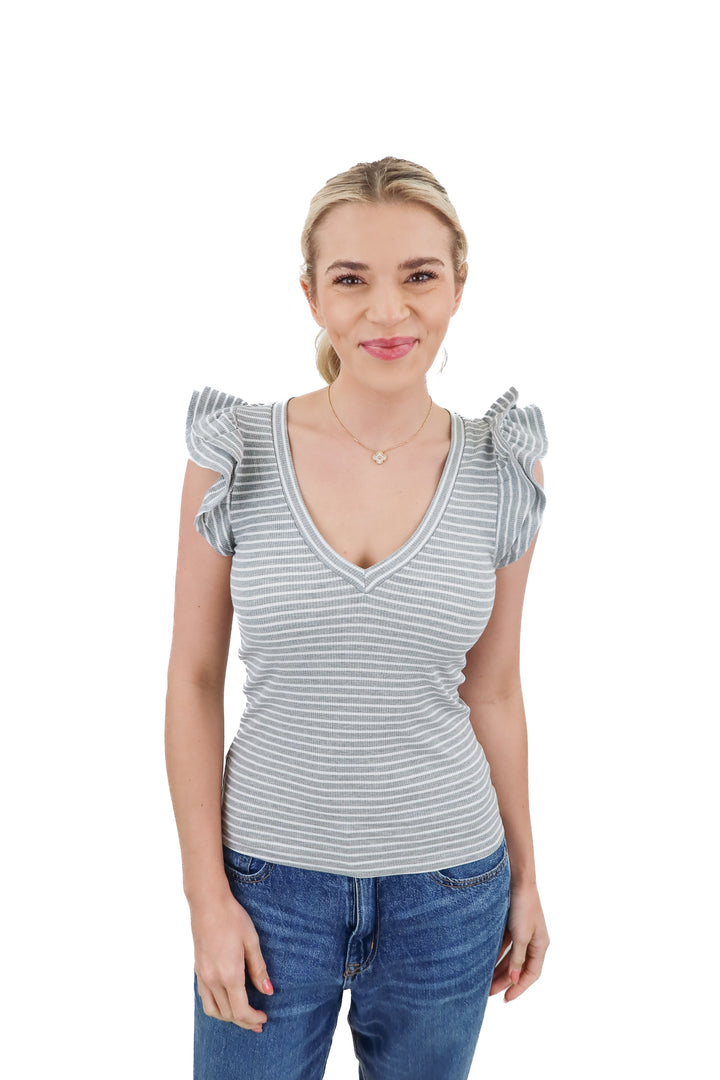 Vici grey striped ruffle sleeve tank NWT