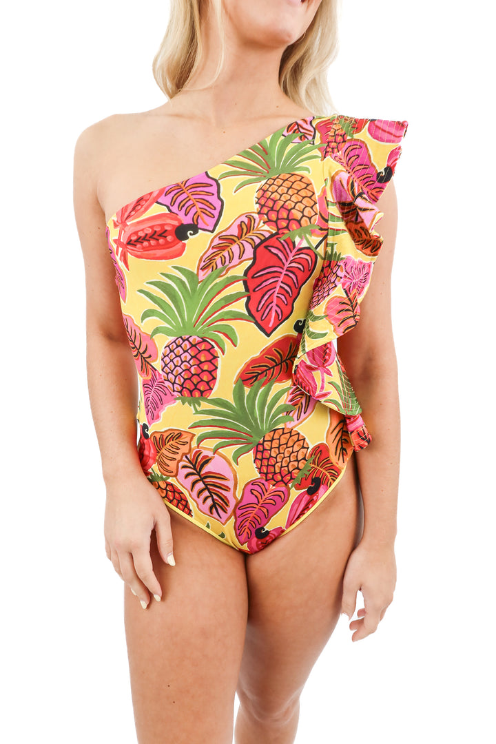 Farm Rio yellow fruit print one shoulder swim (M; retail $190)
