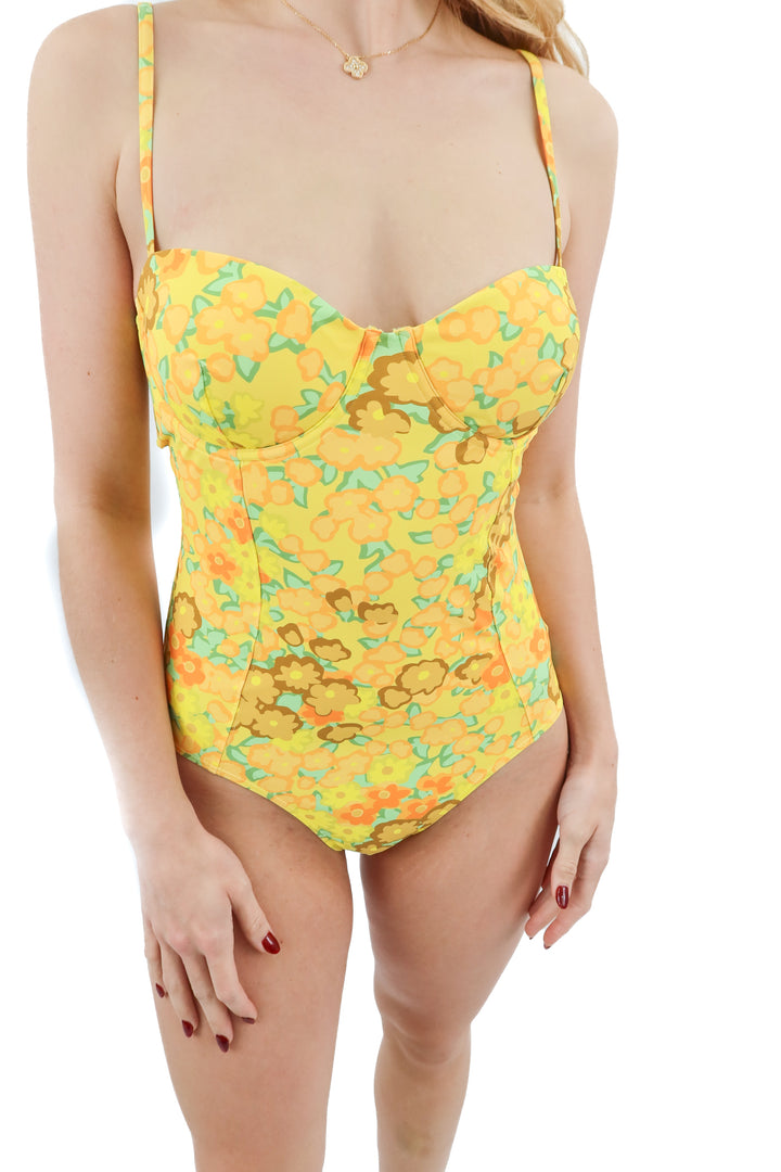 Tory Burch yellow floral one piece swim (M; retail $228)