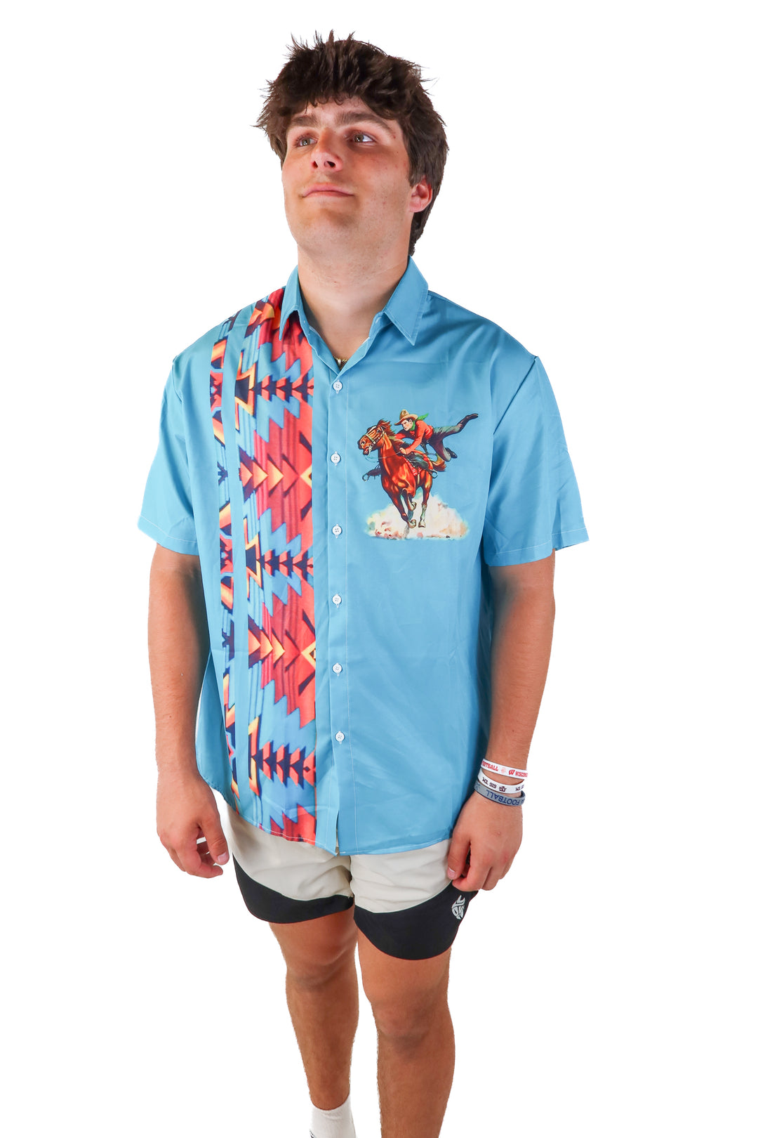 catch the waves blue western aztec button up top (xl)