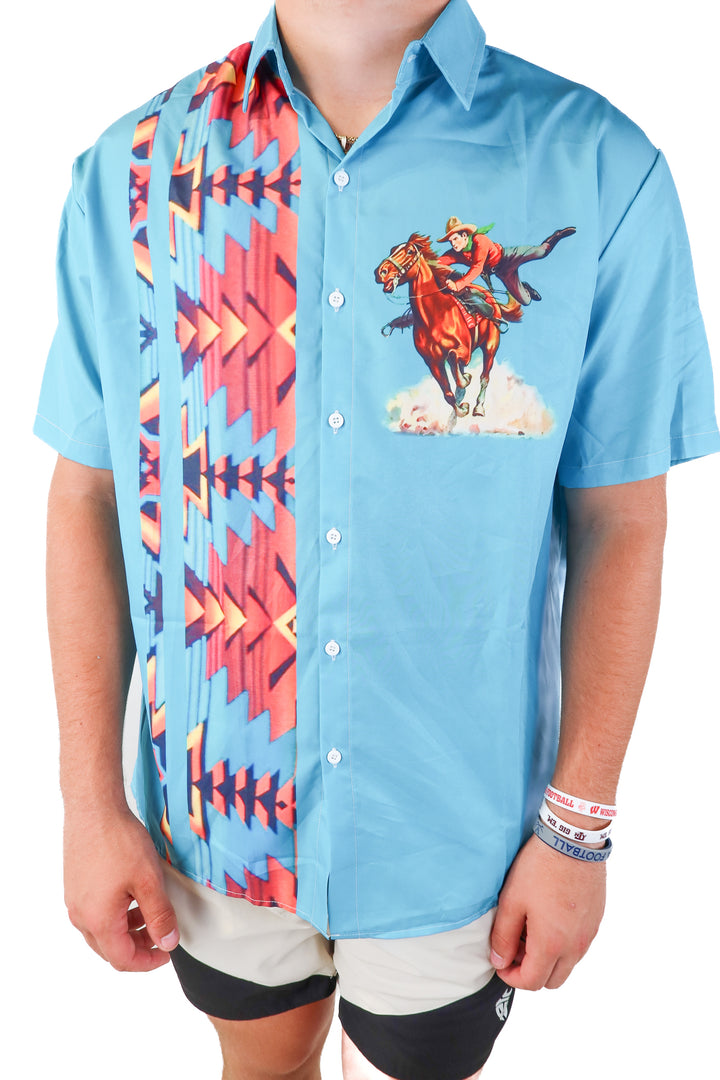 catch the waves blue western aztec button up top (xl)