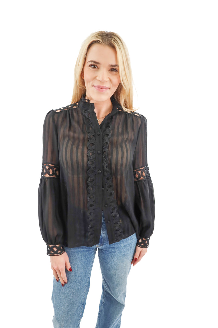 LoveCollette black sheer embroidered long sleeve top (S; retail $70)