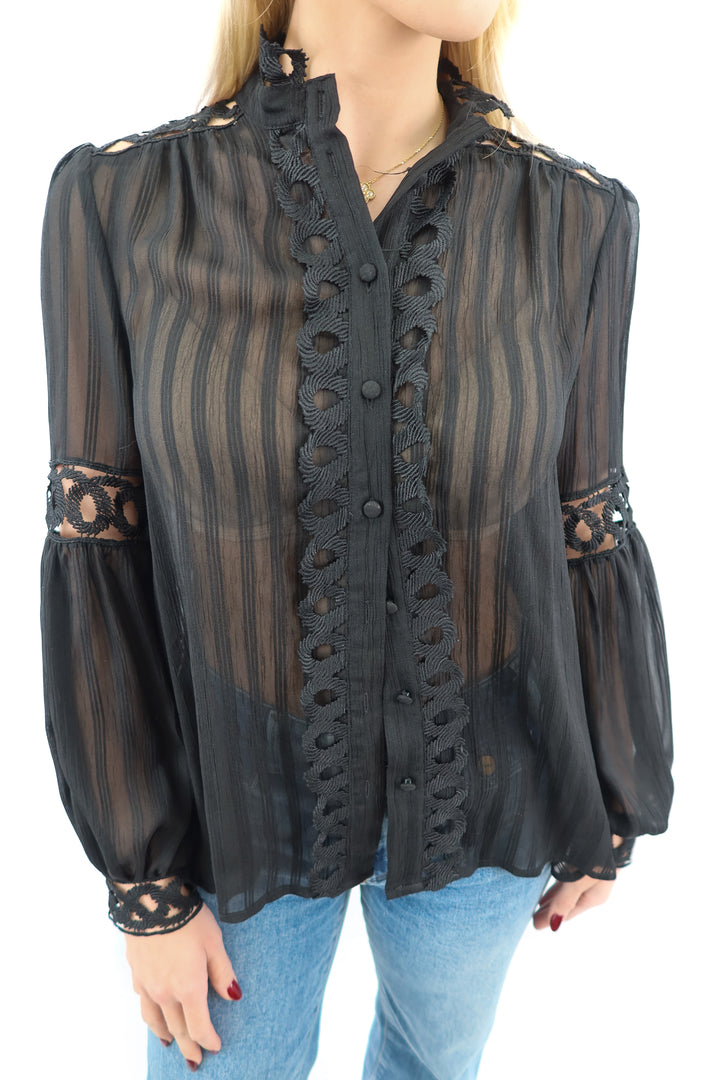 LoveCollette black sheer embroidered long sleeve top (S; retail $70)