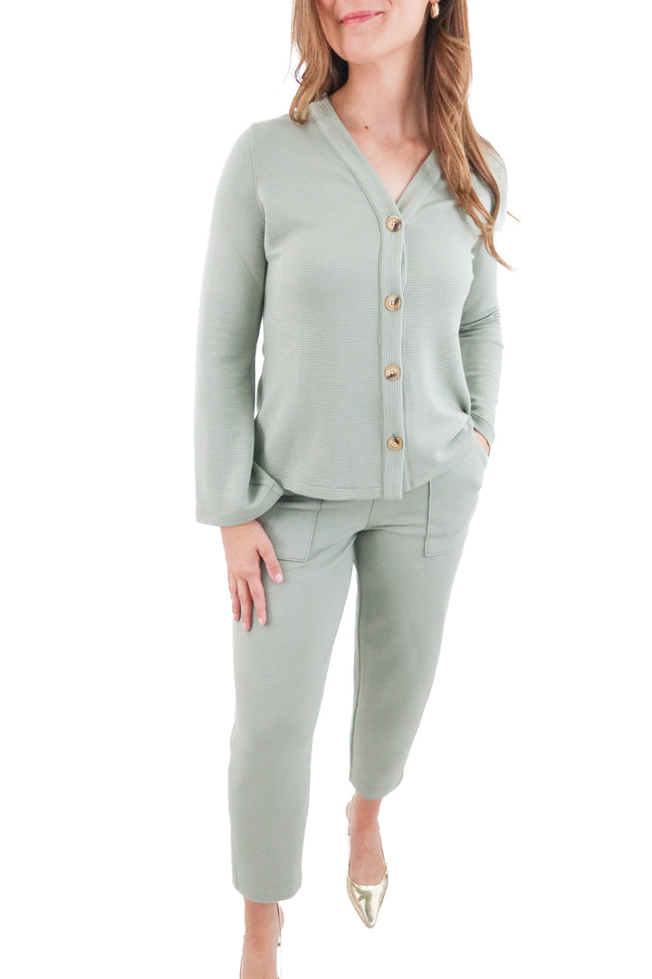 spanx sage ribbed cardigan and pant set (s; retail $258)