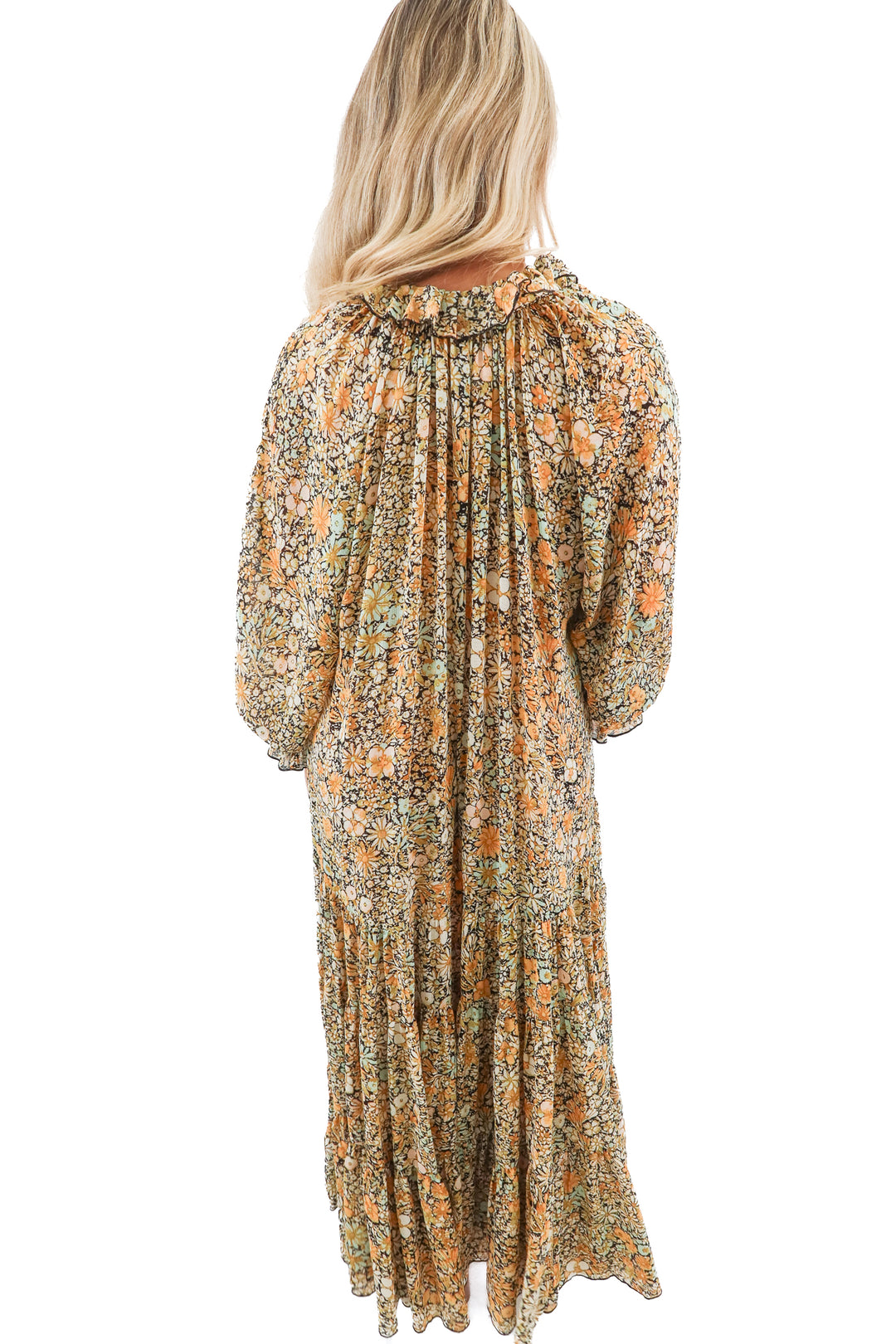 free people yellow floral tiered  long sleeve maxi dress (XS)