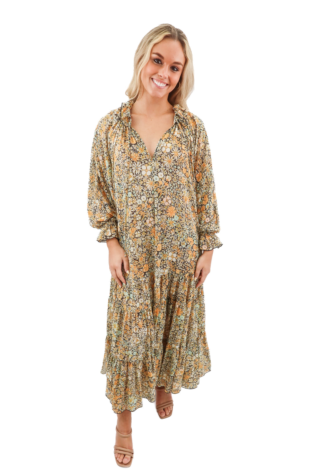 free people yellow floral tiered  long sleeve maxi dress (XS)