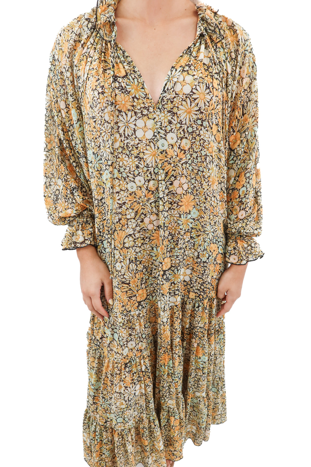 free people yellow floral tiered  long sleeve maxi dress (XS)
