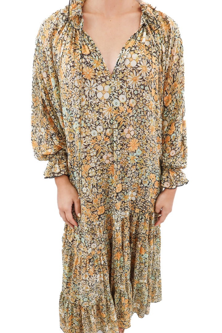 free people yellow floral tiered  long sleeve maxi dress (XS)