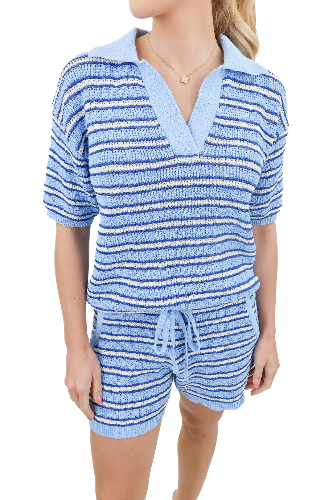 Vici blue stripe knit polo and shorts set (S)
