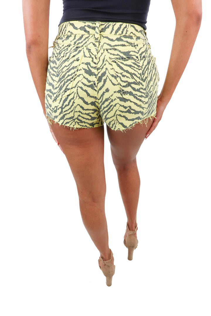 Mother Tomcat Kickfray yellow tiger print shorts (26; retail $198)