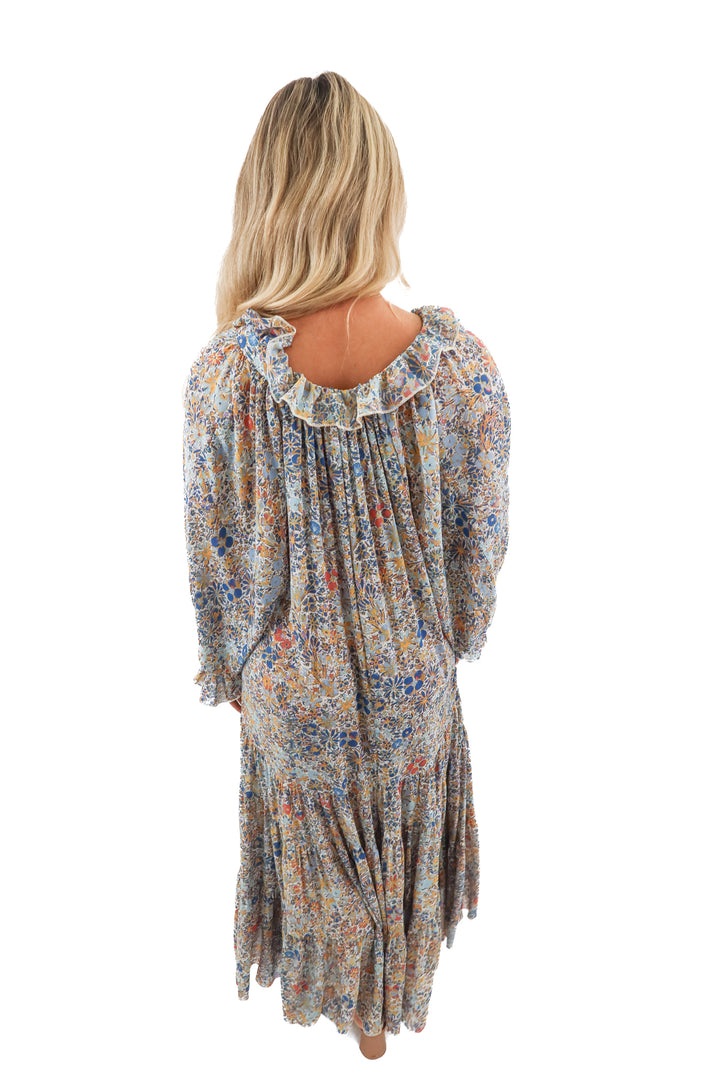 free people blue floral tiered  long sleeve maxi dress (XS)