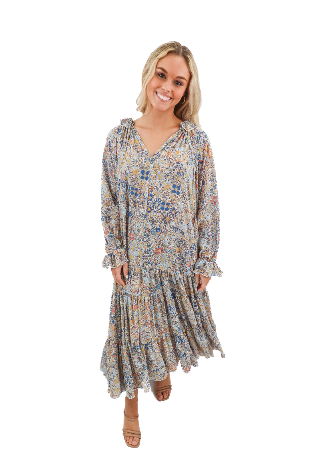 free people blue floral tiered  long sleeve maxi dress (XS)