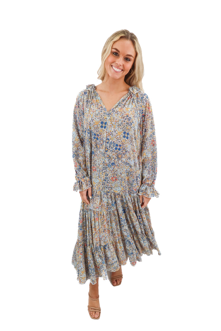 free people blue floral tiered  long sleeve maxi dress (XS)