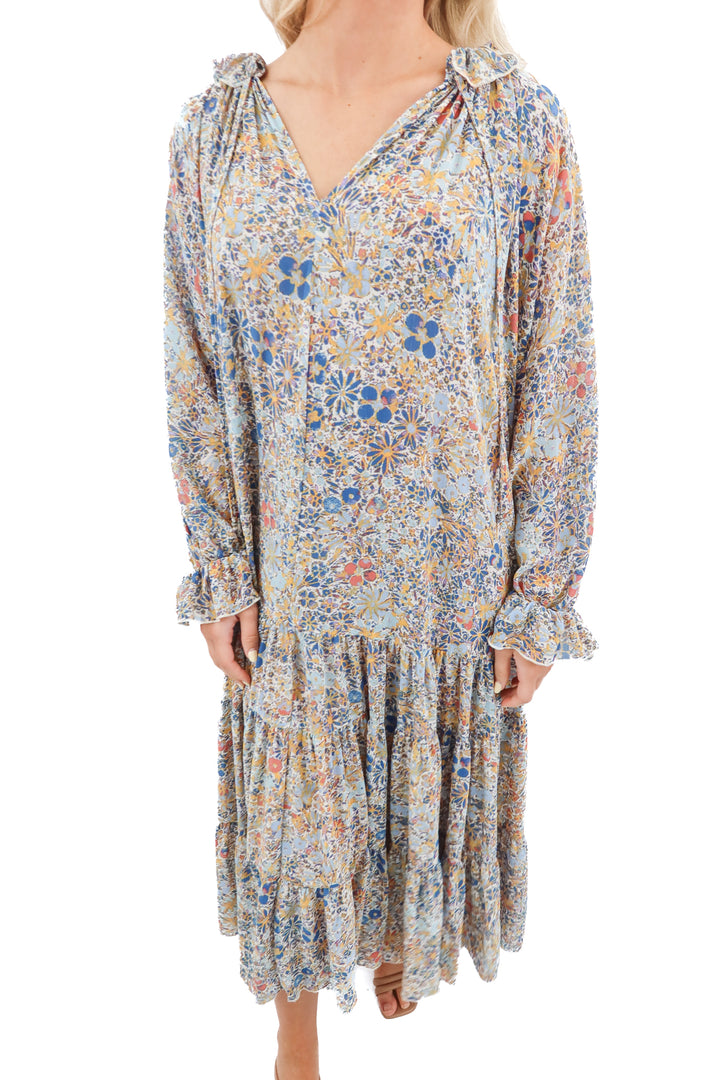 free people blue floral tiered  long sleeve maxi dress (XS)