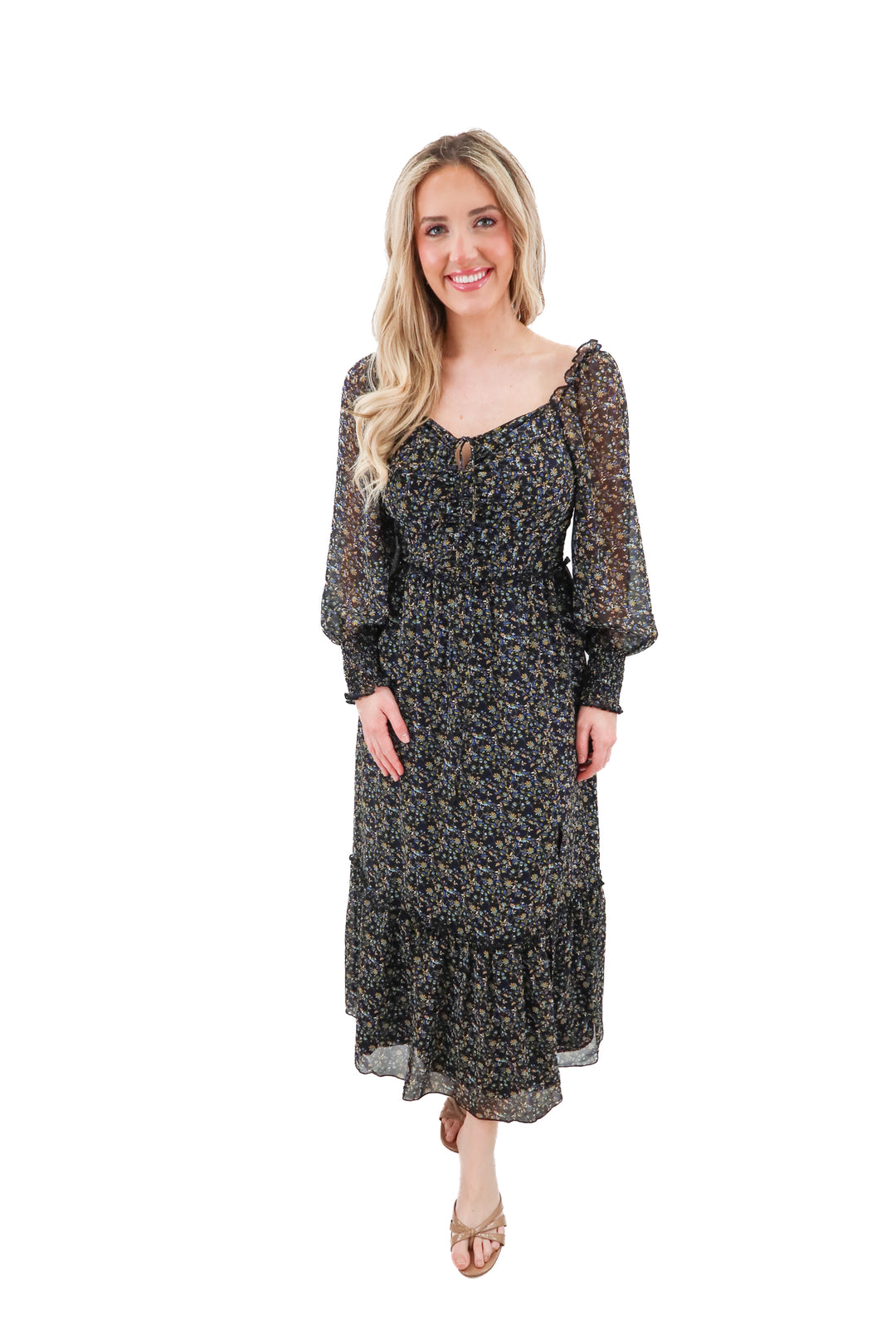 petal & pup black floral keziah long sleeve maxi dress nwt (s; retail $120)