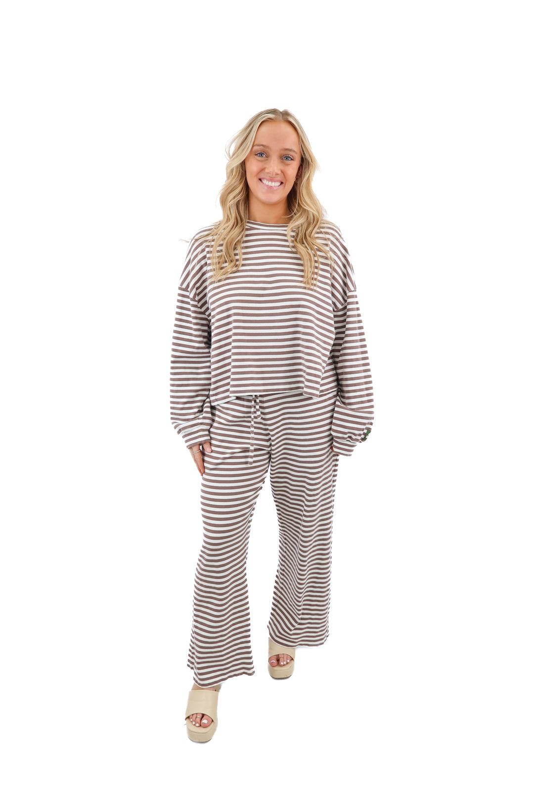 daily drills brown/white striped set (m/l; retail $175)