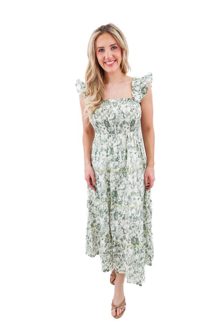 ultramarine green floral smocked midi dress (s)