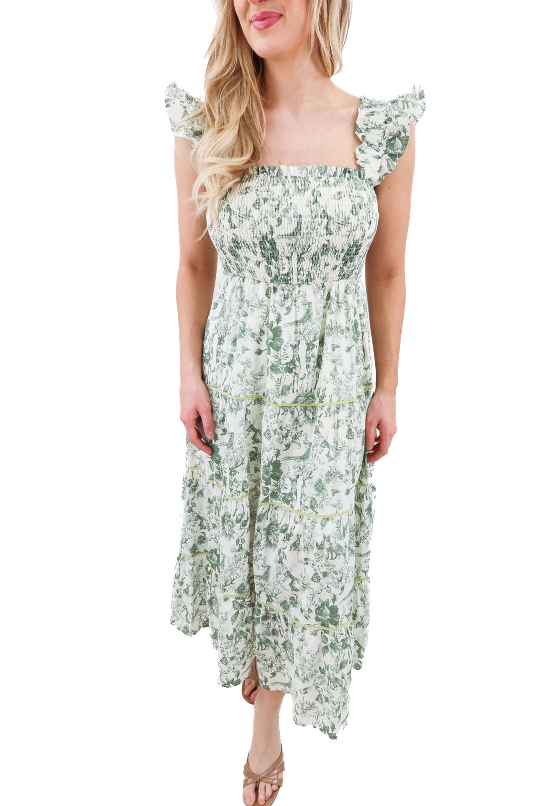 ultramarine green floral smocked midi dress (s)