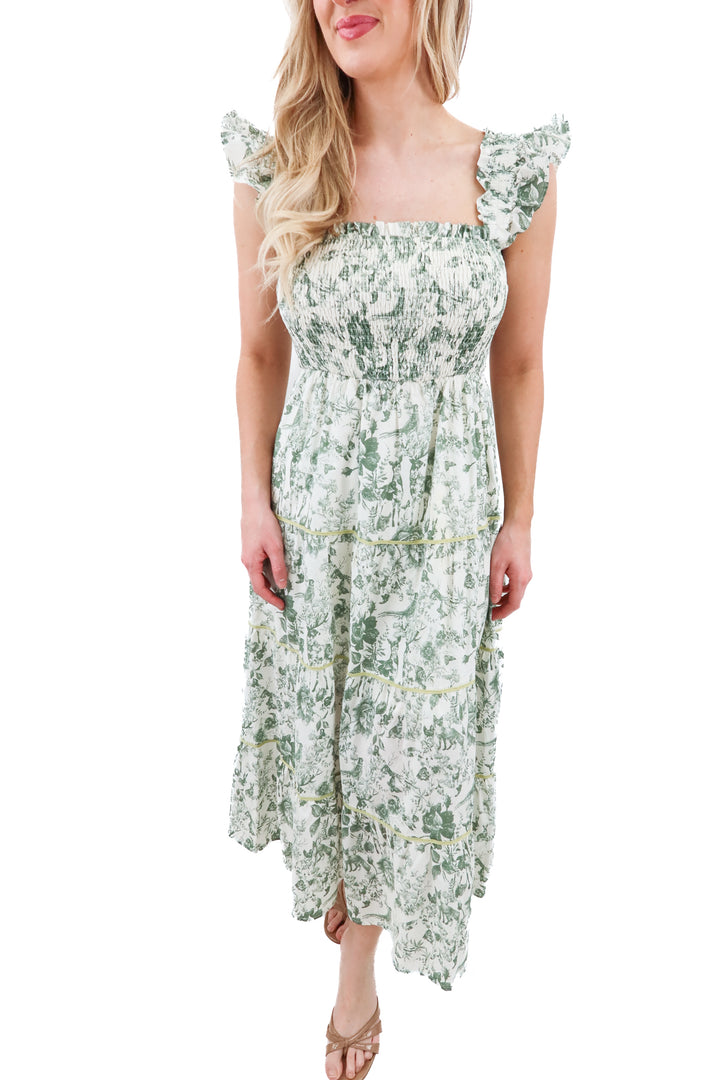 ultramarine green floral smocked midi dress (s)