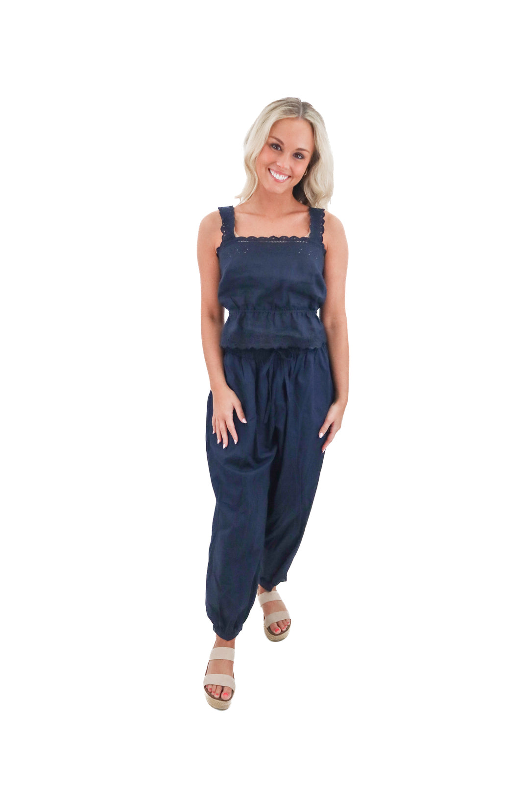 little moon navy pant and top set (s; retail $186)