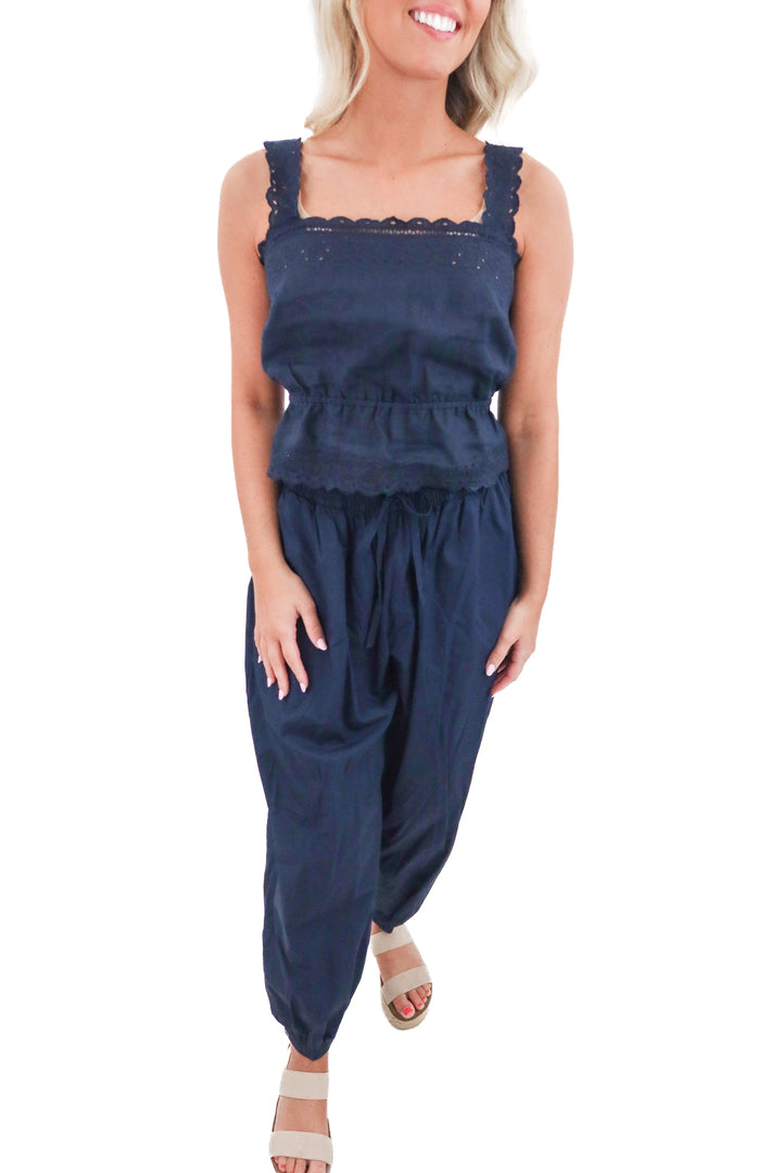 little moon navy pant and top set (s; retail $186)