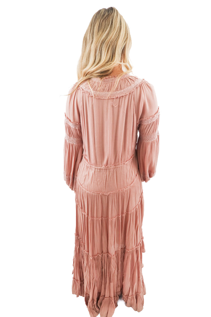 free people dusty rose pink tiered long sleeve maxi dress (S)