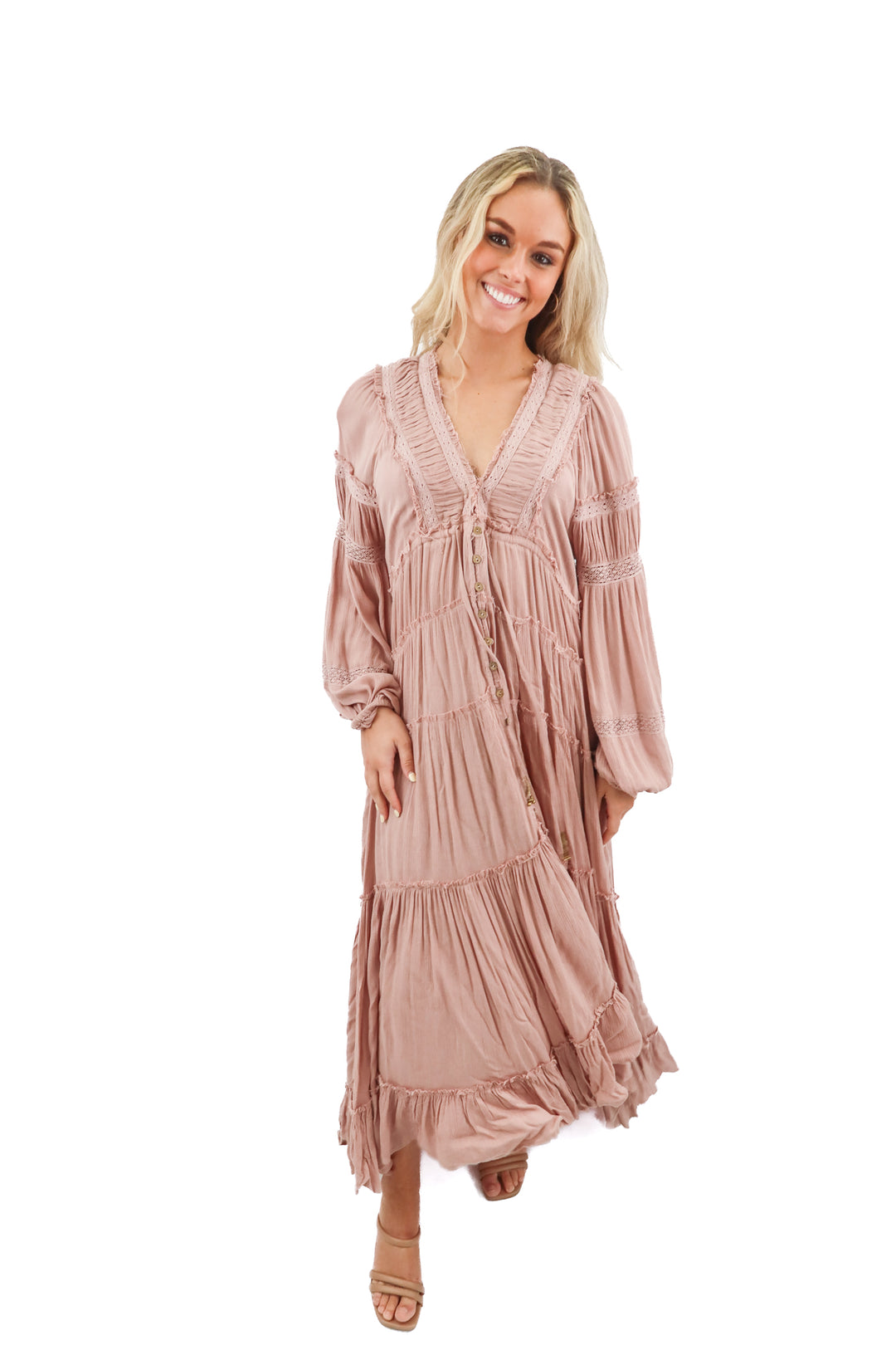 free people dusty rose pink tiered long sleeve maxi dress (S)
