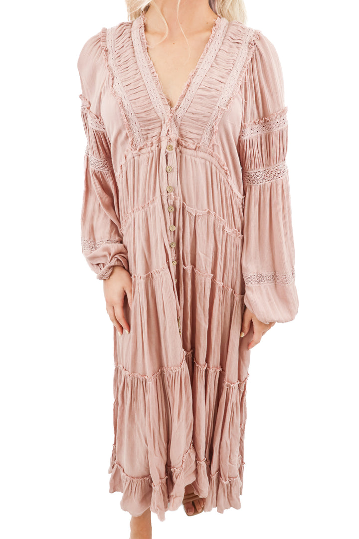 free people dusty rose pink tiered long sleeve maxi dress (S)