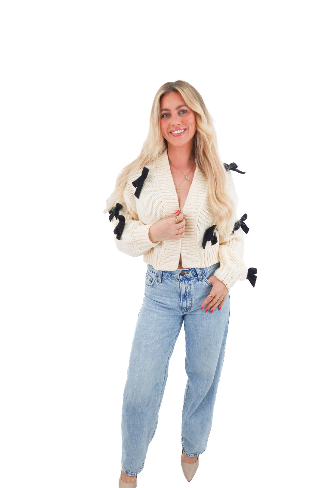 maeve cream cardigan w/ black bows (os; retail $125)