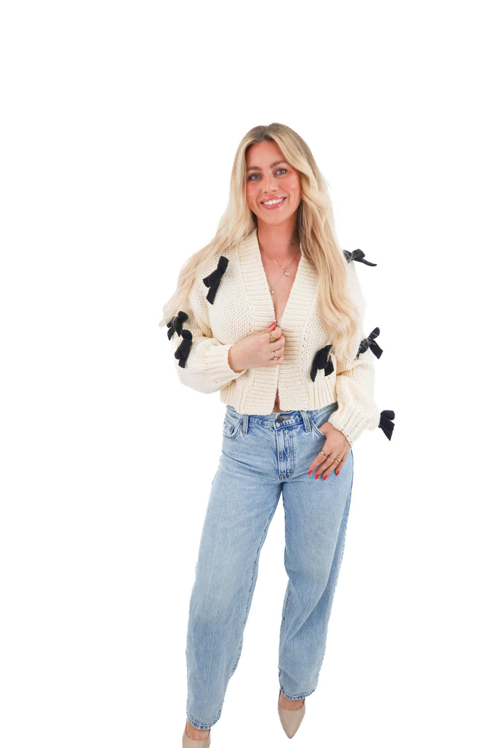 maeve cream cardigan w/ black bows (os; retail $125)