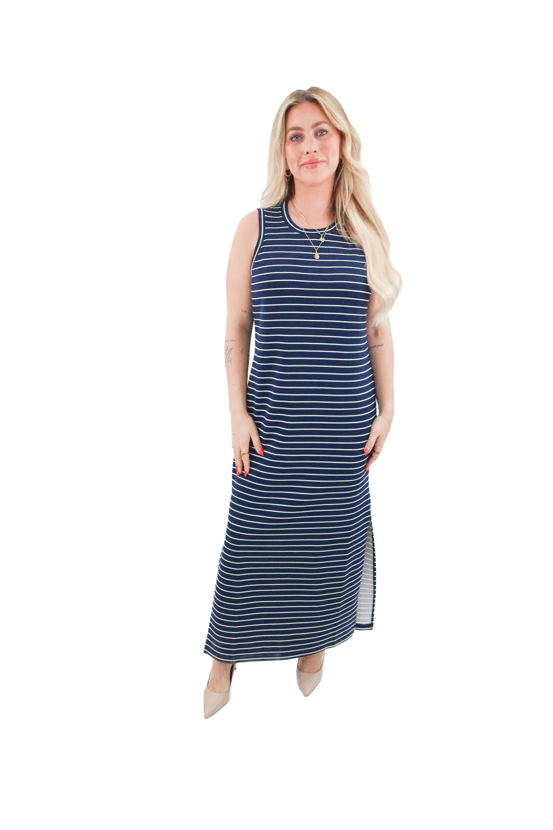 spanx airessentials blue stripe maxi dress (m; retail $138)
