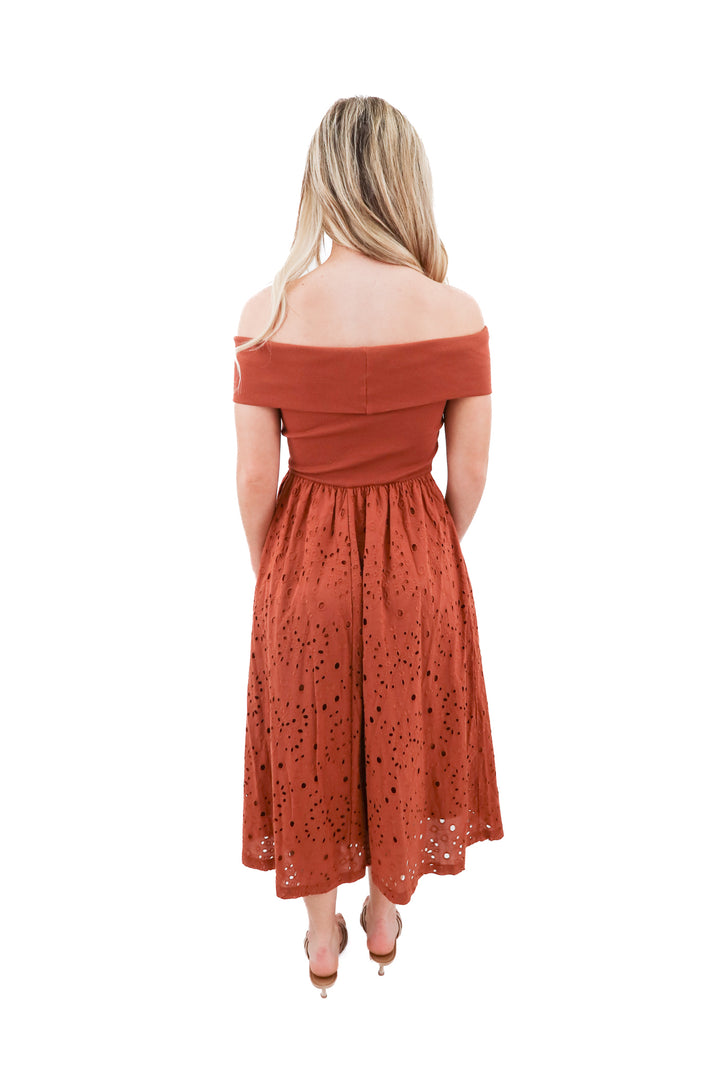 loft terracotta off shoulder eyelet dress nwt (xs; retail $109)