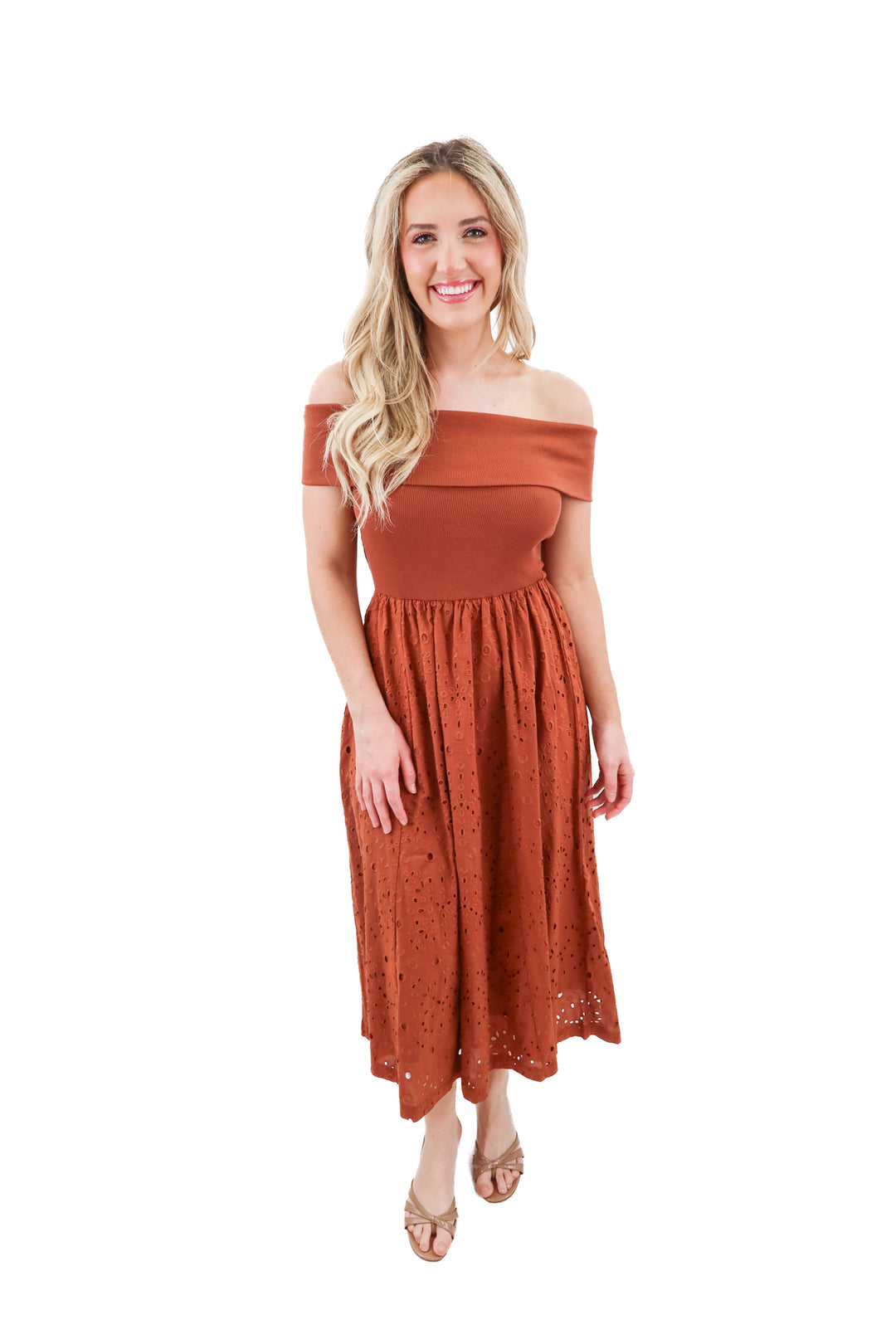 loft terracotta off shoulder eyelet dress nwt (xs; retail $109)