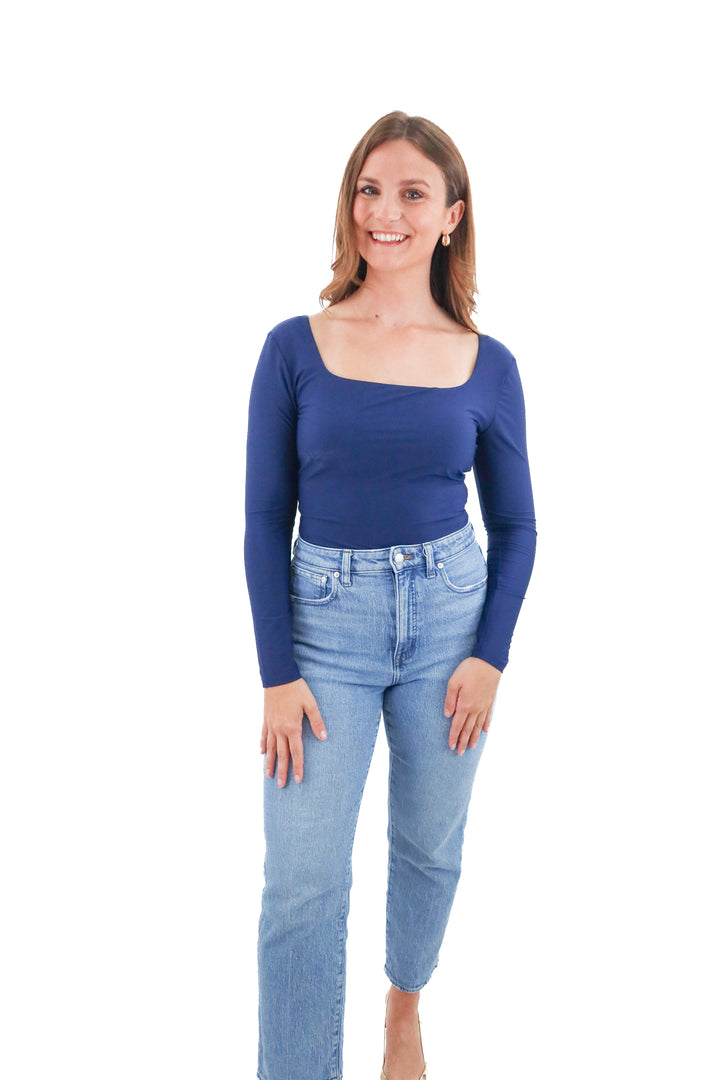 stylest system navy squareneck long sleeve bodysuit nwt (l; retail $128)