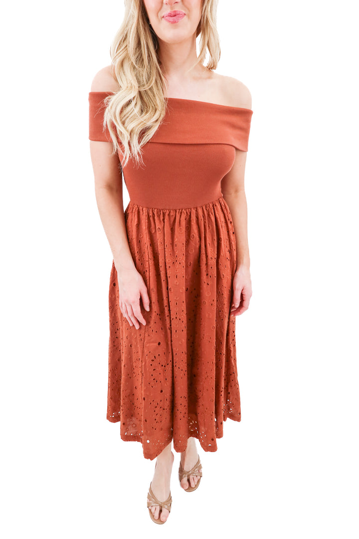 loft terracotta off shoulder eyelet dress nwt (xs; retail $109)