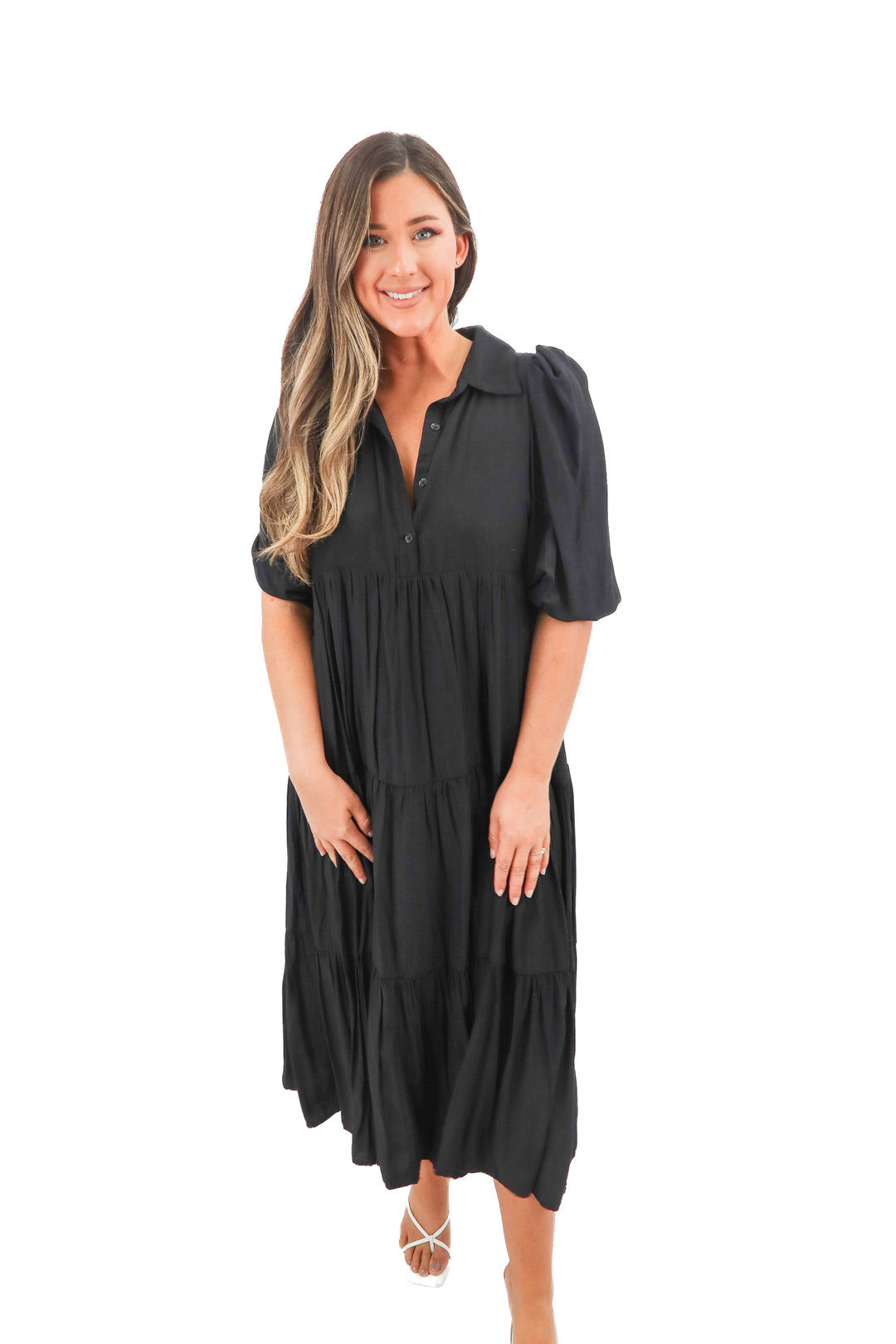 tcec black tiered midi dress (L)